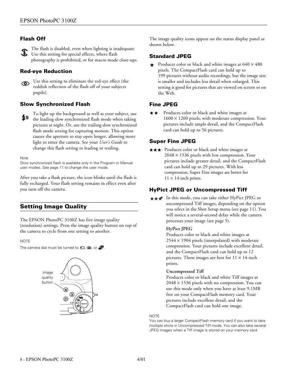 Flash off, Red-eye reduction, Slow synchronized flash | Setting image quality, Standard jpeg, Fine jpeg, Super fine jpeg, Hypict jpeg or uncompressed tiff | Epson 3100Z User Manual | Page 8 / 13