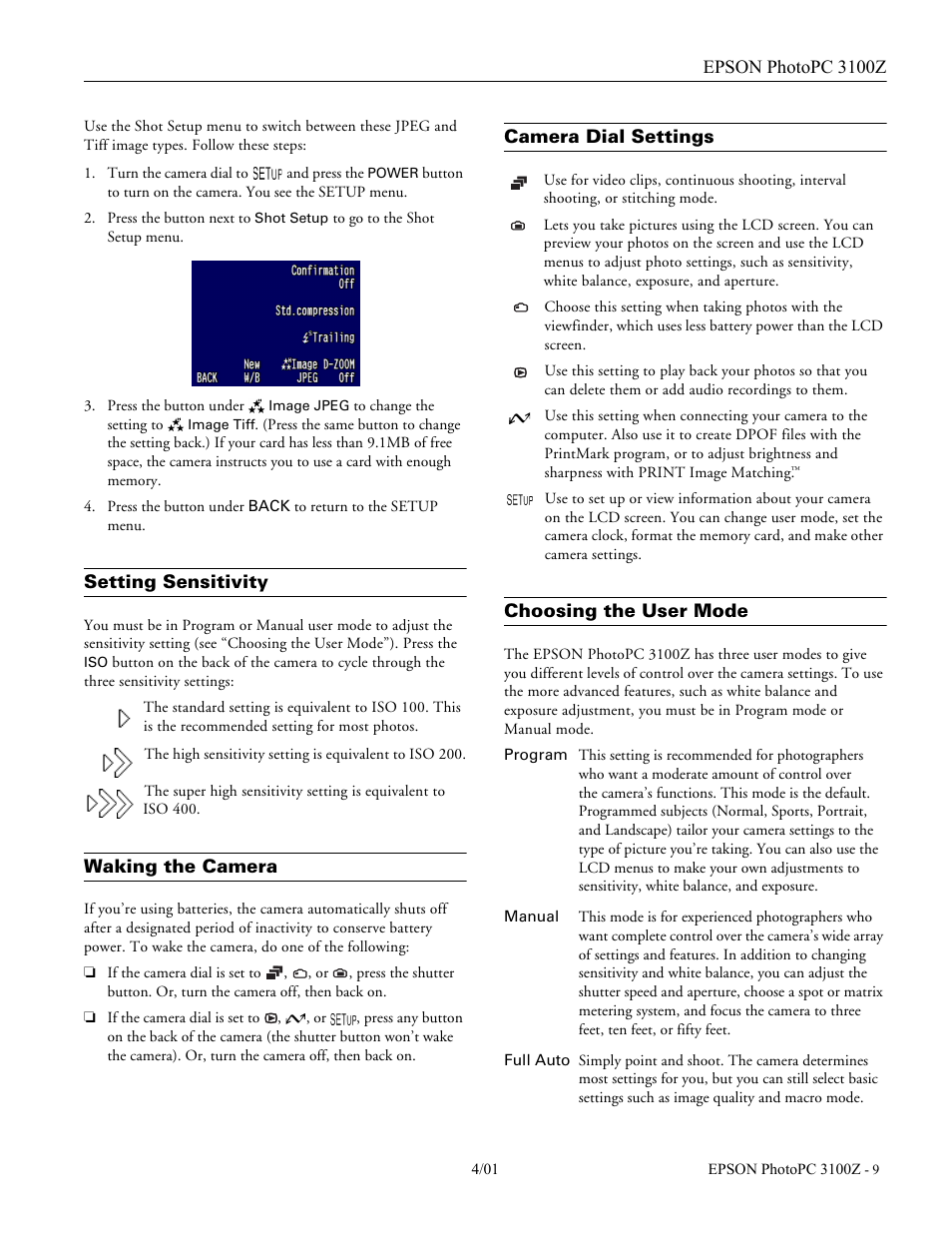 Setting sensitivity, Waking the camera, Camera dial settings | Choosing the user mode | Epson 3100Z User Manual | Page 9 / 13