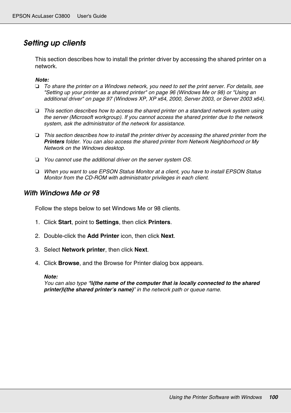 Setting up clients, With windows me or 98 | Epson ACULASER C3800 User Manual | Page 100 / 302