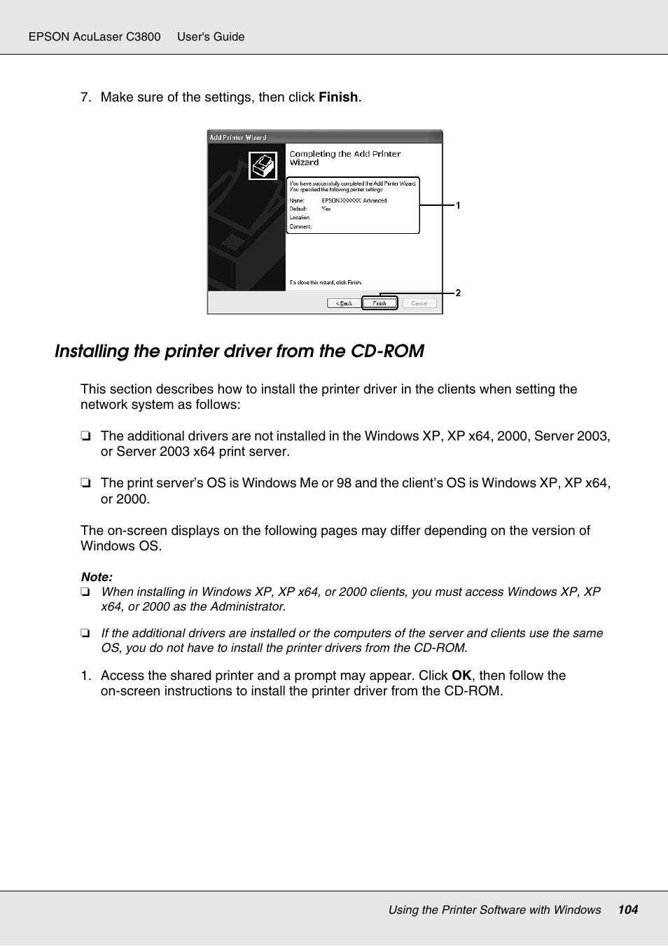 Installing the printer driver from the cd-rom | Epson ACULASER C3800 User Manual | Page 104 / 302