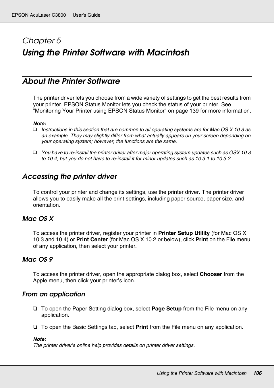 Using the printer software with macintosh, About the printer software, Accessing the printer driver | Chapter 5 | Epson ACULASER C3800 User Manual | Page 106 / 302