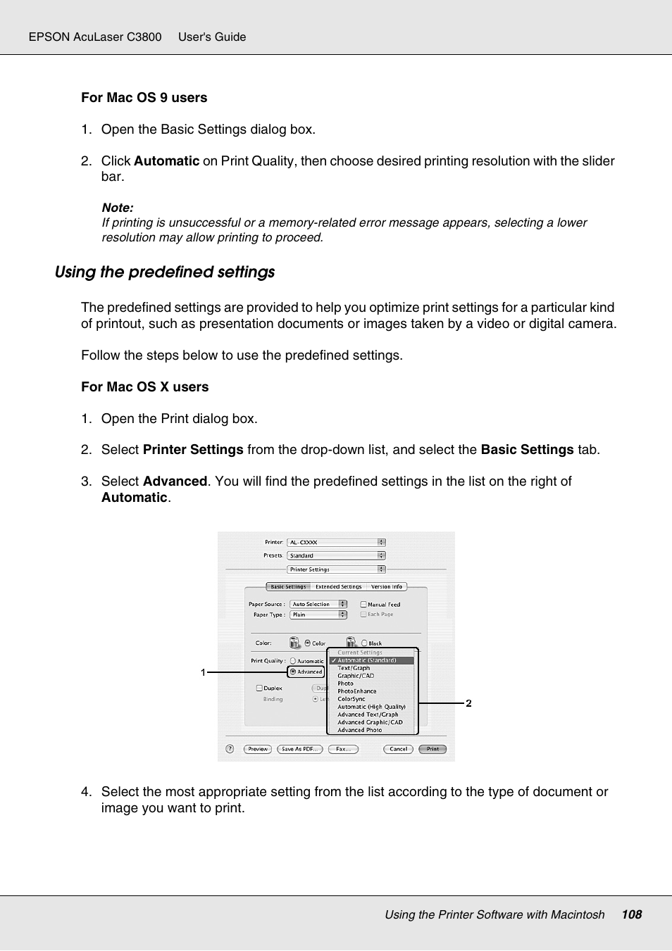 Using the predefined settings | Epson ACULASER C3800 User Manual | Page 108 / 302