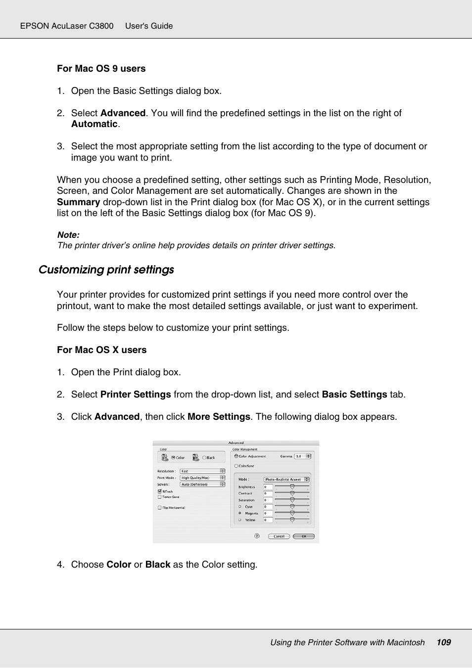 Customizing print settings | Epson ACULASER C3800 User Manual | Page 109 / 302