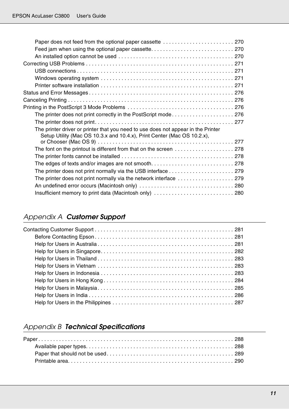 Appendix a customer support, Appendix b technical specifications | Epson ACULASER C3800 User Manual | Page 11 / 302