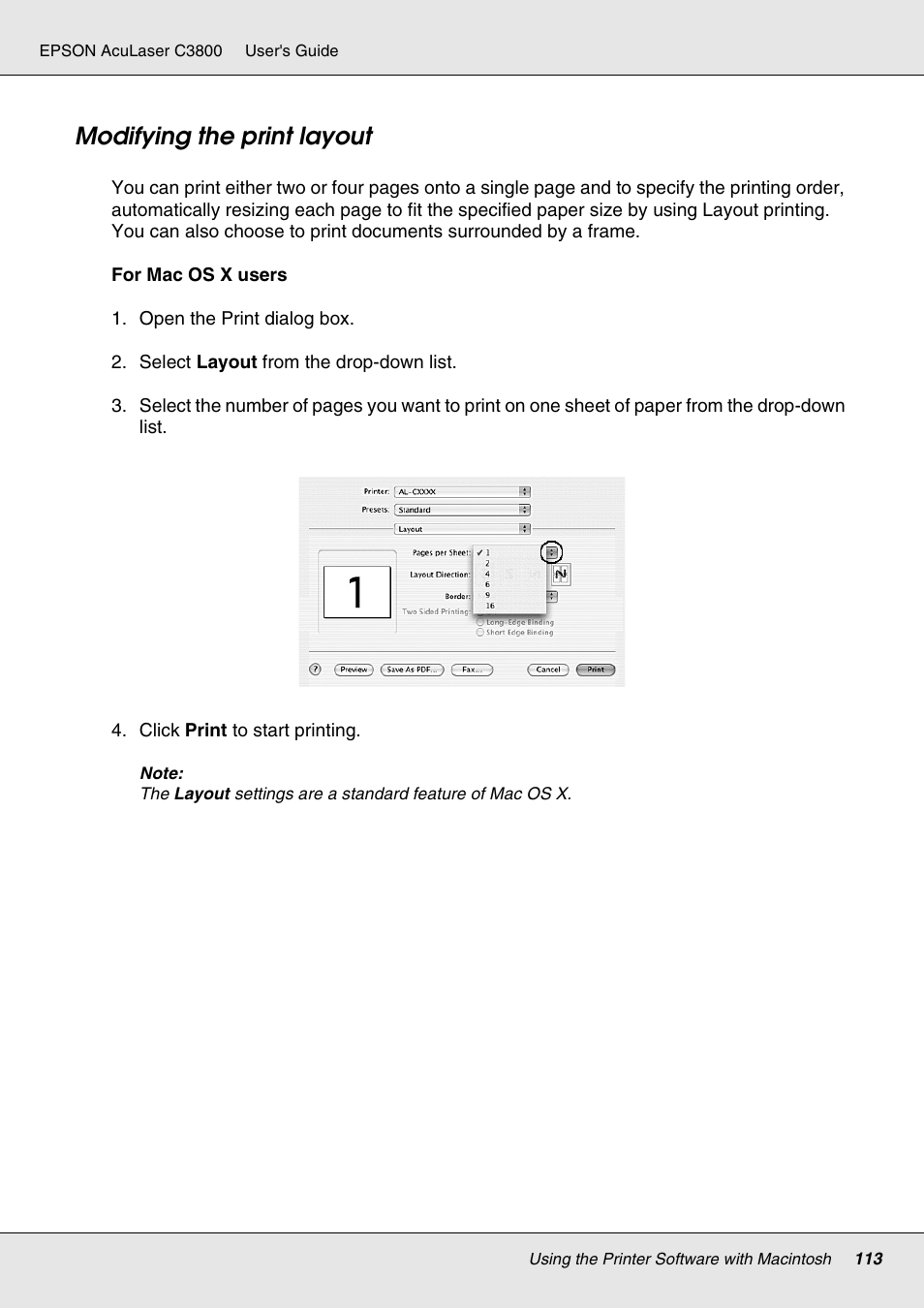 Modifying the print layout | Epson ACULASER C3800 User Manual | Page 113 / 302