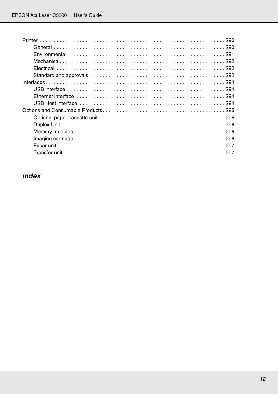 Index | Epson ACULASER C3800 User Manual | Page 12 / 302