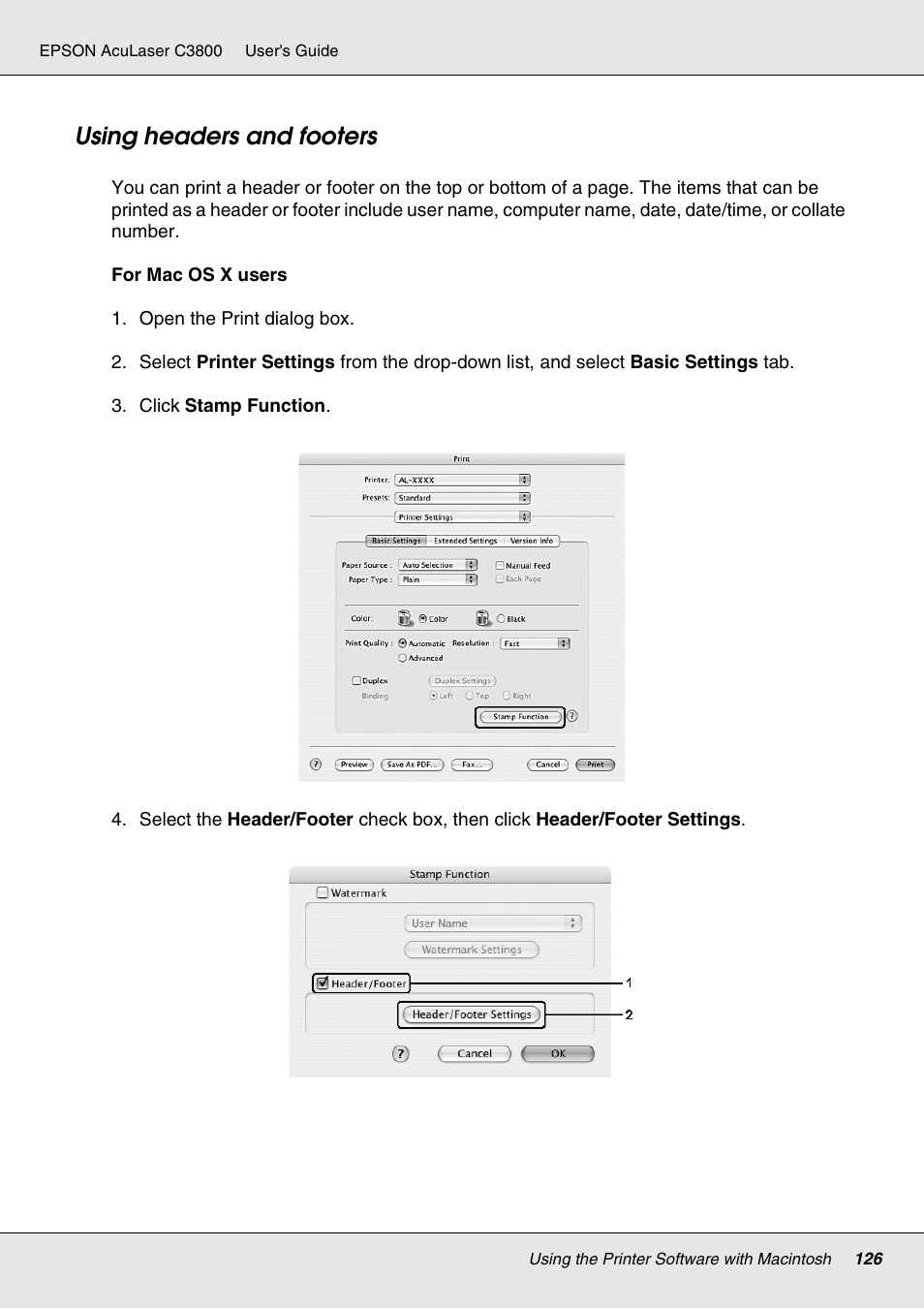 Using headers and footers | Epson ACULASER C3800 User Manual | Page 126 / 302