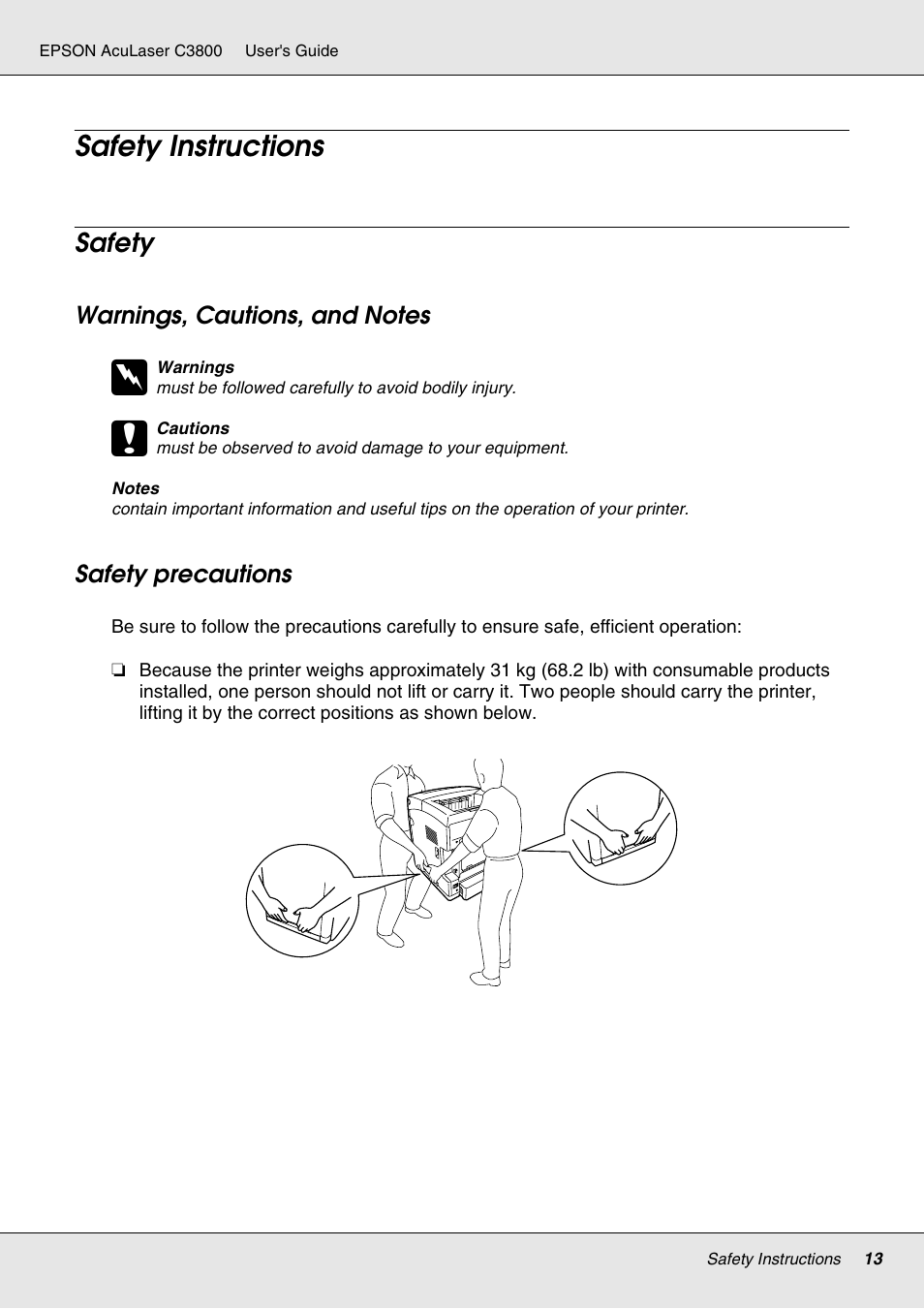 Safety instructions, Safety, Warnings, cautions, and notes | Safety precautions, Warnings, cautions, and notes safety precautions | Epson ACULASER C3800 User Manual | Page 13 / 302