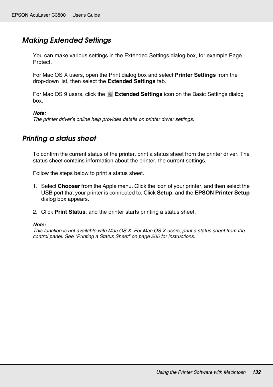 Making extended settings, Printing a status sheet, Making extended settings printing a status sheet | Epson ACULASER C3800 User Manual | Page 132 / 302