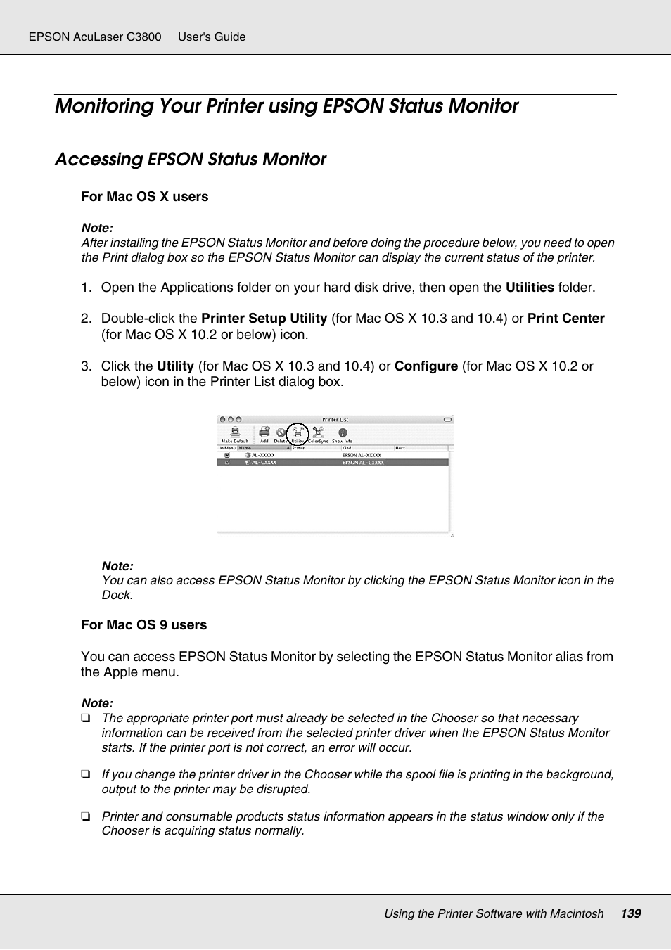 Monitoring your printer using epson status monitor, Accessing epson status monitor | Epson ACULASER C3800 User Manual | Page 139 / 302
