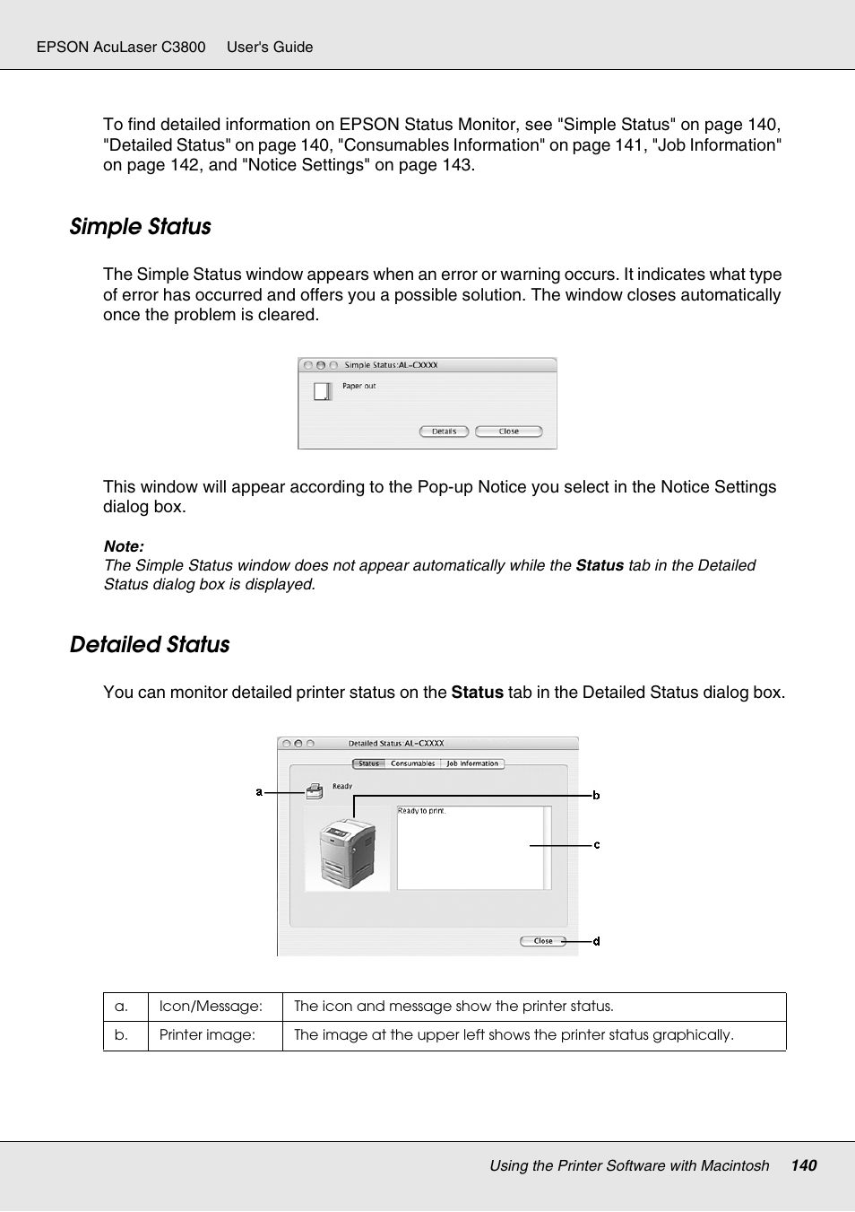 Simple status, Detailed status, Simple status detailed status | Epson ACULASER C3800 User Manual | Page 140 / 302