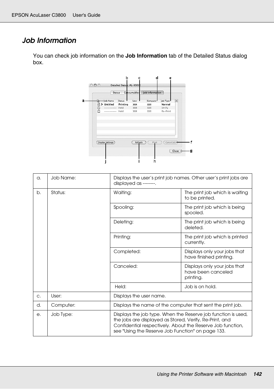 Job information | Epson ACULASER C3800 User Manual | Page 142 / 302