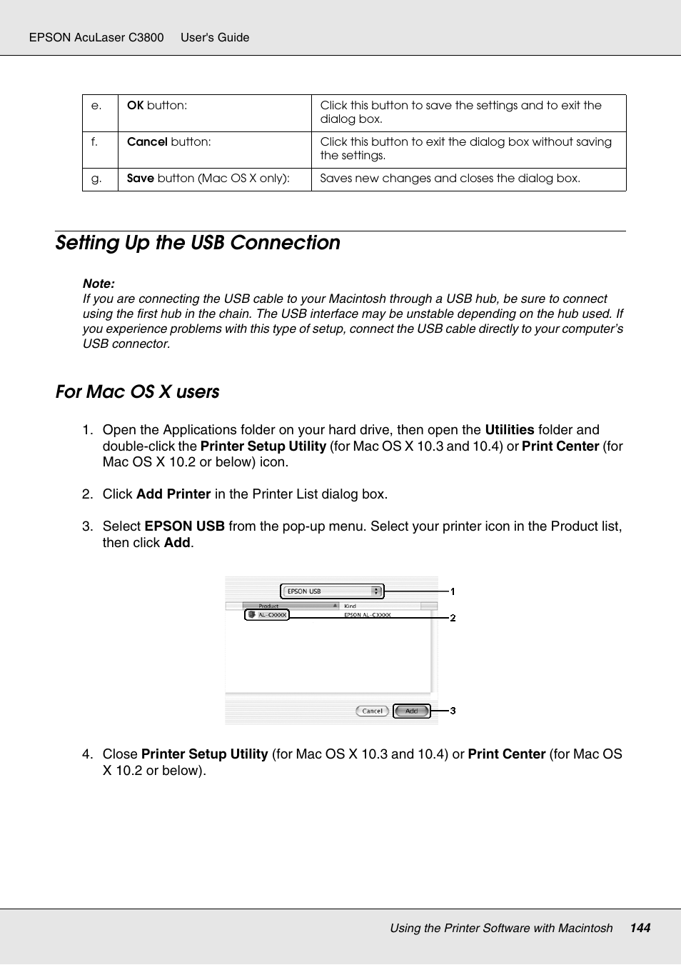 Setting up the usb connection, For mac os x users | Epson ACULASER C3800 User Manual | Page 144 / 302