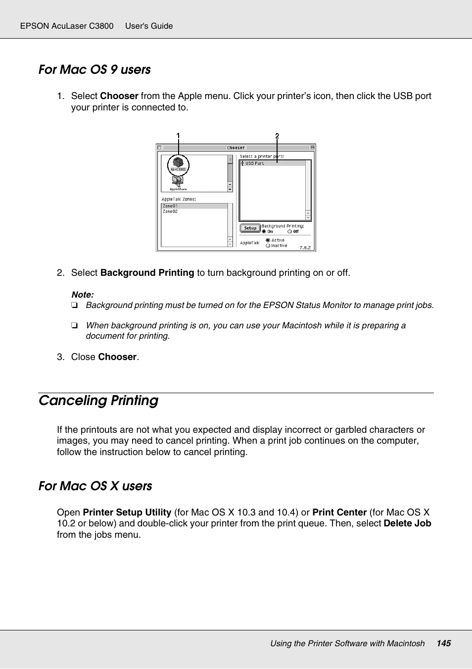 For mac os 9 users, Canceling printing, For mac os x users | Epson ACULASER C3800 User Manual | Page 145 / 302