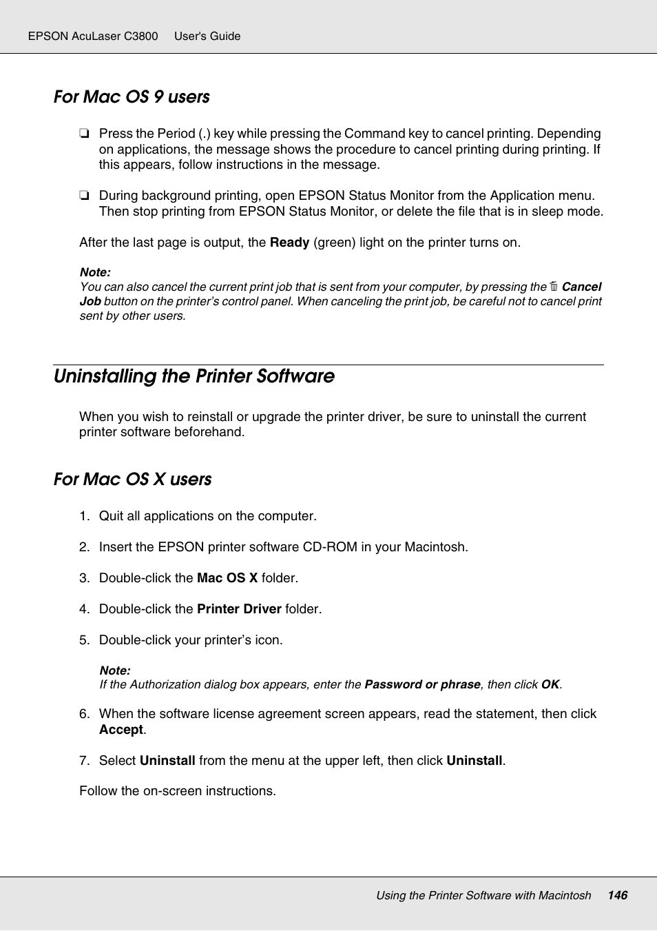 For mac os 9 users, Uninstalling the printer software, For mac os x users | Epson ACULASER C3800 User Manual | Page 146 / 302