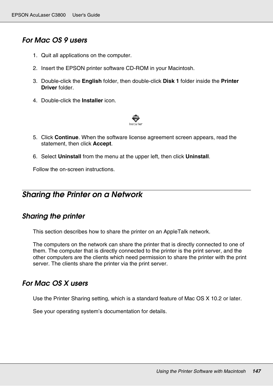 For mac os 9 users, Sharing the printer on a network, Sharing the printer | For mac os x users, Sharing the printer for mac os x users | Epson ACULASER C3800 User Manual | Page 147 / 302