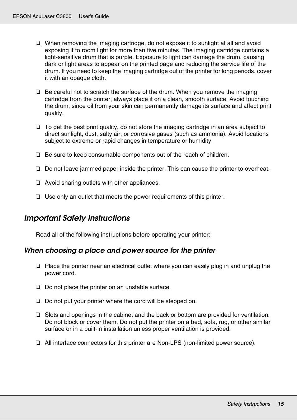 Important safety instructions | Epson ACULASER C3800 User Manual | Page 15 / 302