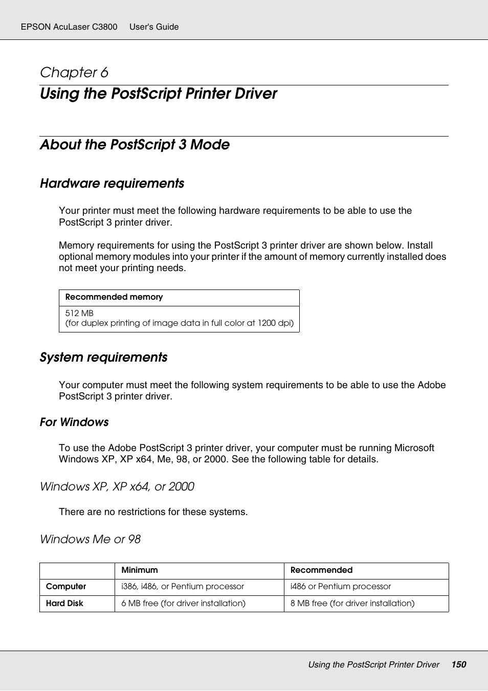 Using the postscript printer driver, About the postscript 3 mode, Hardware requirements | System requirements, Chapter 6, Hardware requirements system requirements | Epson ACULASER C3800 User Manual | Page 150 / 302