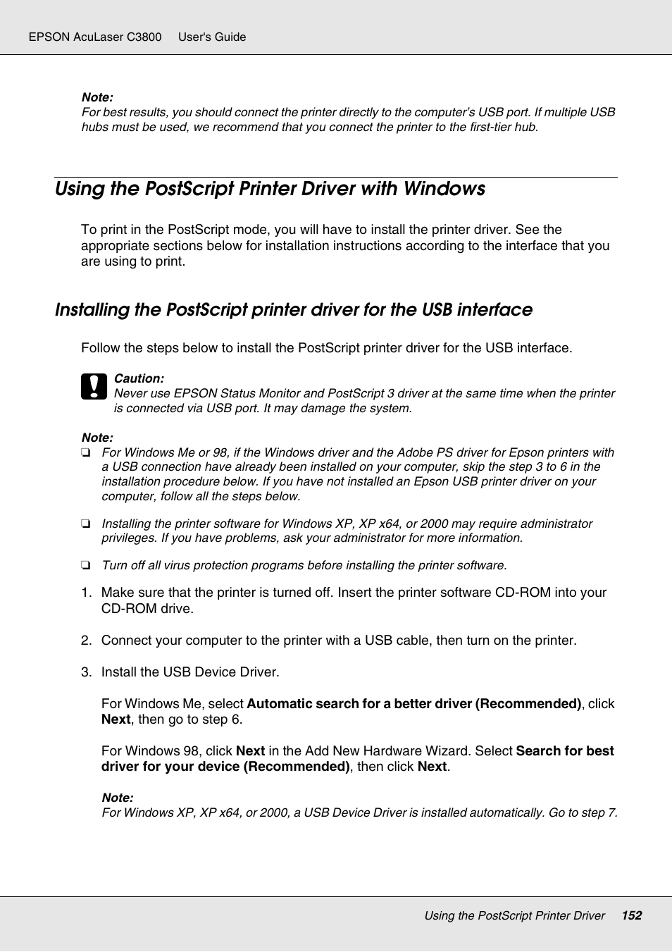 Using the postscript printer driver with windows | Epson ACULASER C3800 User Manual | Page 152 / 302