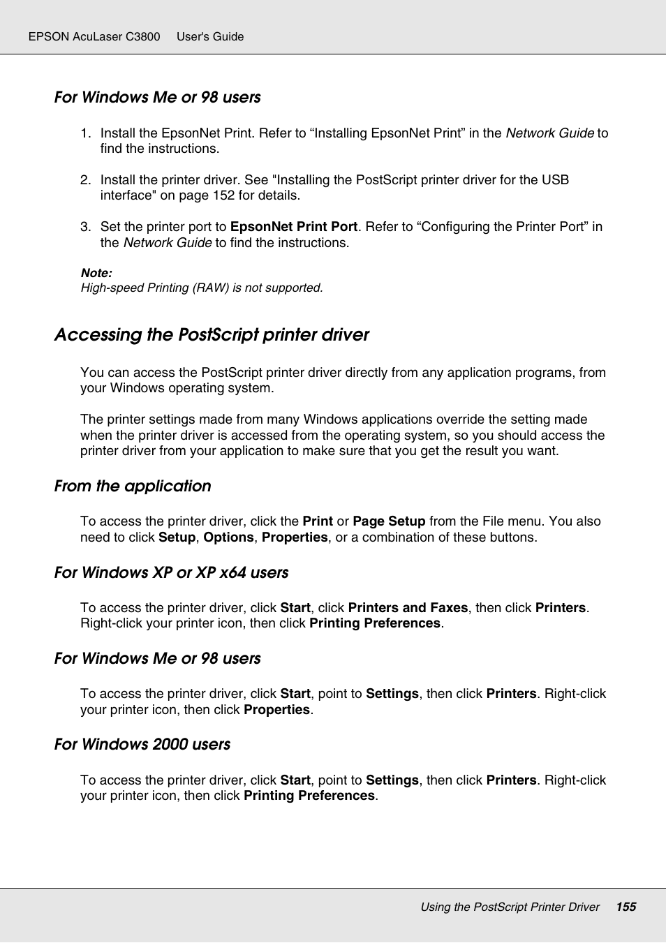 Accessing the postscript printer driver | Epson ACULASER C3800 User Manual | Page 155 / 302