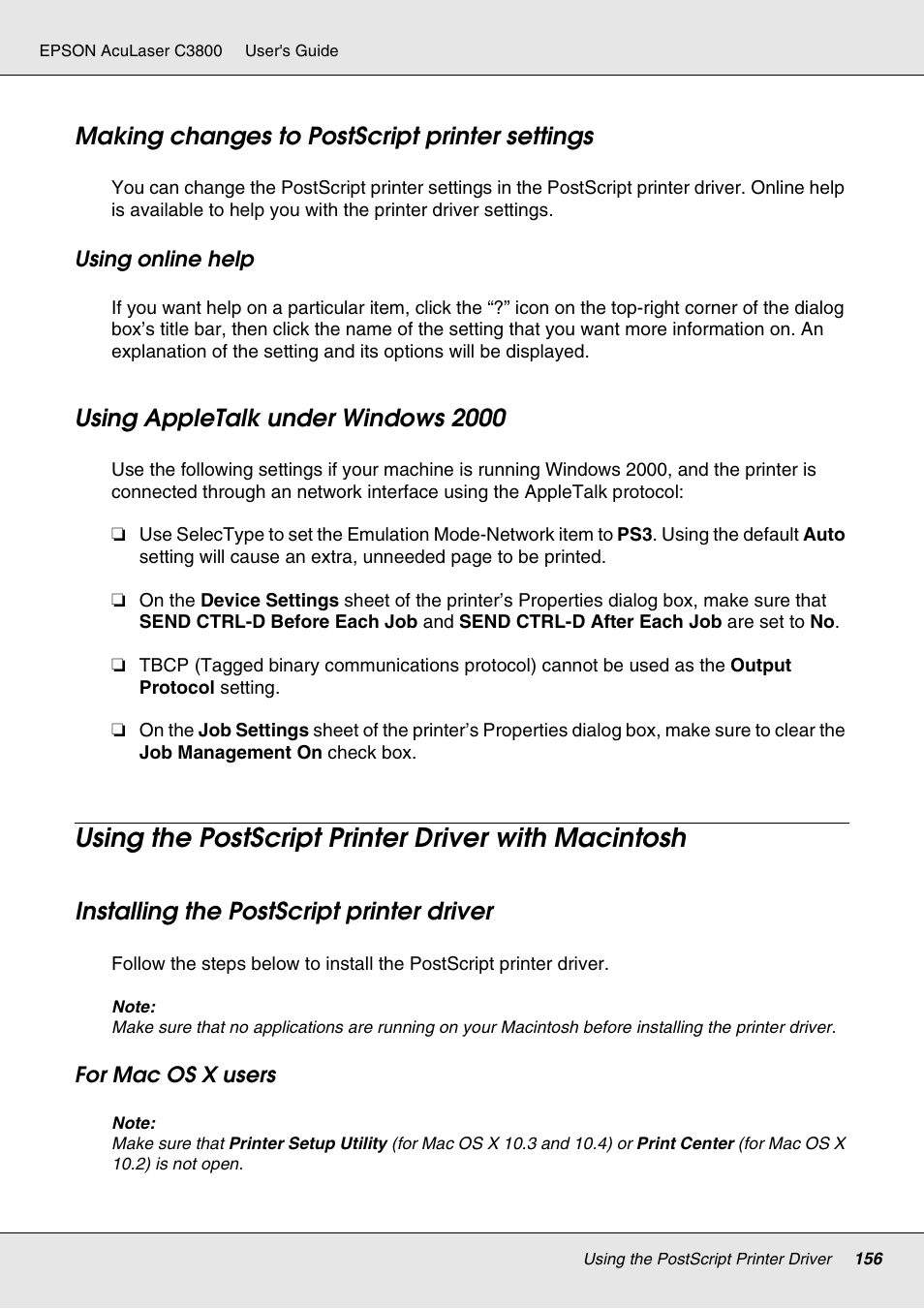 Making changes to postscript printer settings, Using appletalk under windows 2000, Using the postscript printer driver with macintosh | Installing the postscript printer driver | Epson ACULASER C3800 User Manual | Page 156 / 302