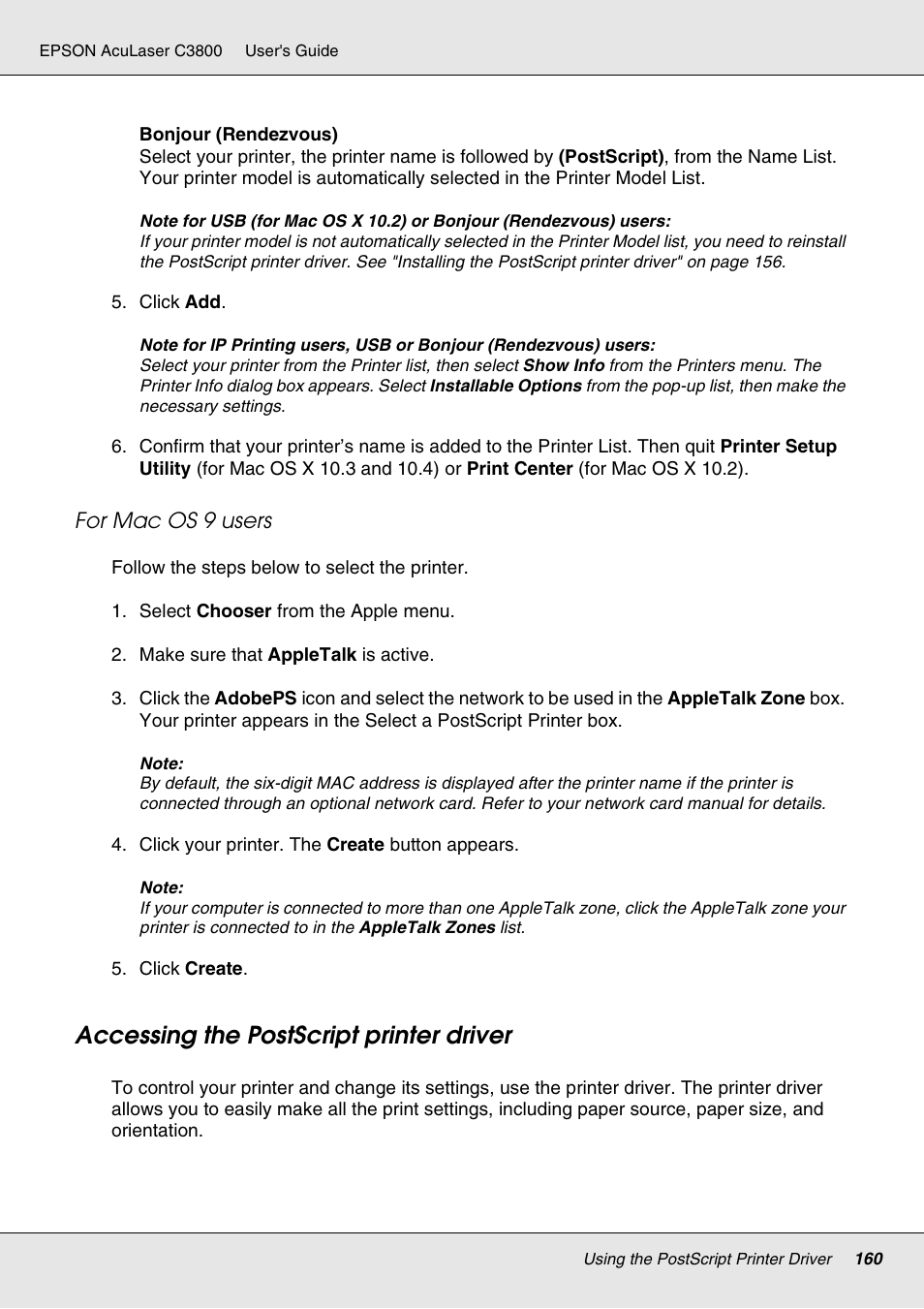 Accessing the postscript printer driver, For mac os 9 users | Epson ACULASER C3800 User Manual | Page 160 / 302