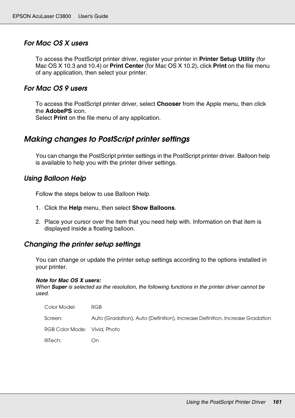 Making changes to postscript printer settings, For mac os x users, For mac os 9 users | Using balloon help, Changing the printer setup settings | Epson ACULASER C3800 User Manual | Page 161 / 302