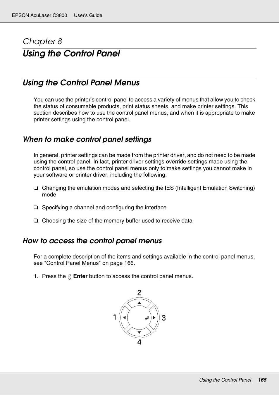 Using the control panel, Using the control panel menus, When to make control panel settings | How to access the control panel menus, Chapter 8 | Epson ACULASER C3800 User Manual | Page 165 / 302