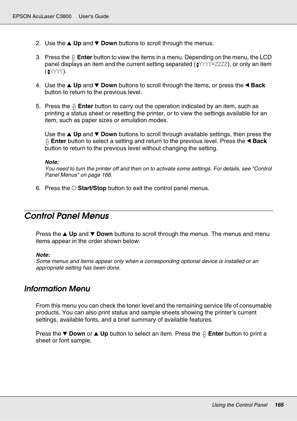 Control panel menus, Information menu | Epson ACULASER C3800 User Manual | Page 166 / 302