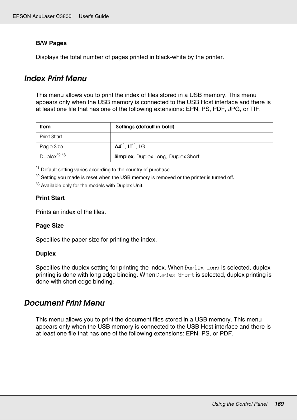 Index print menu, Document print menu, Index print menu document print menu | Epson ACULASER C3800 User Manual | Page 169 / 302
