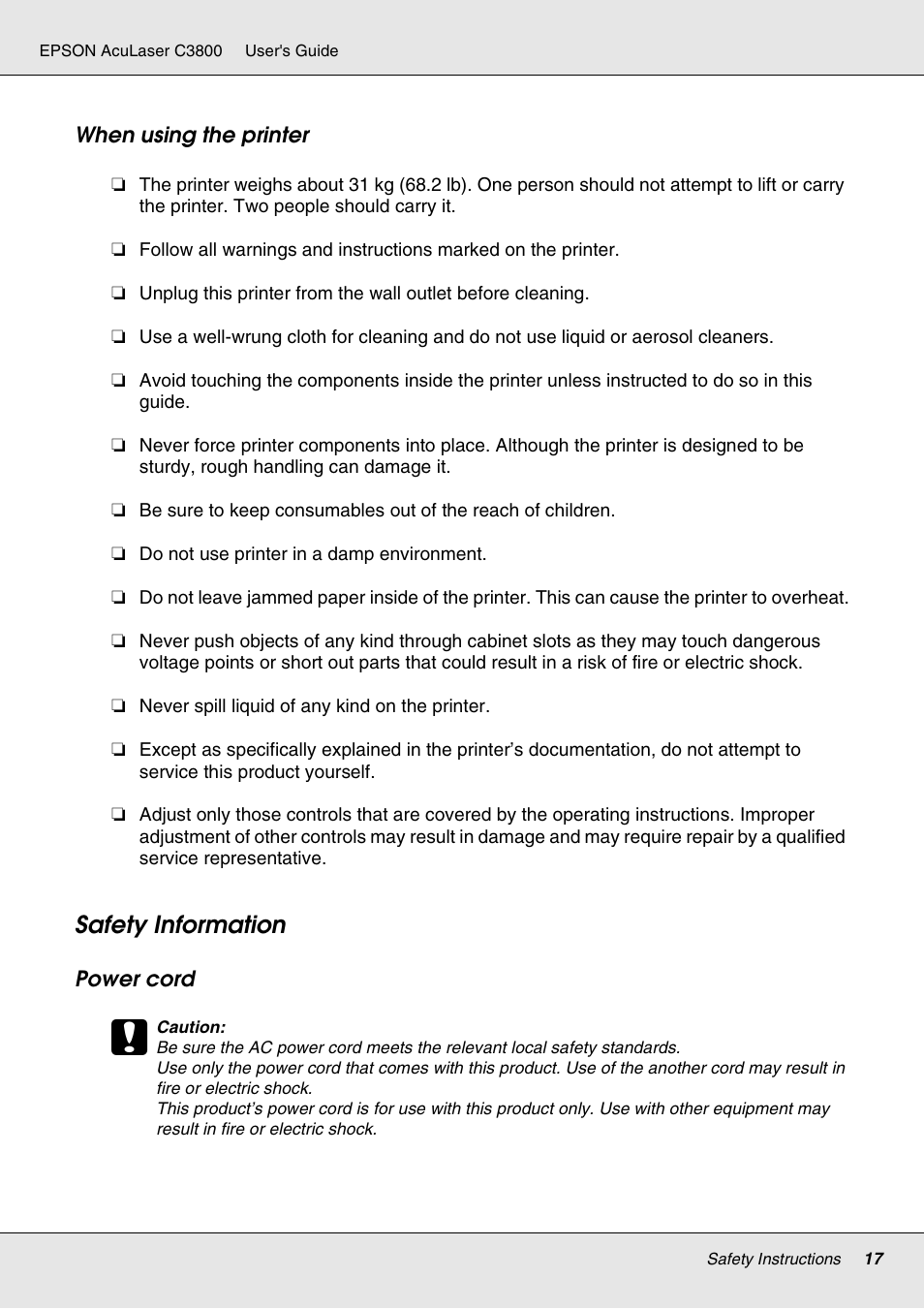 Safety information | Epson ACULASER C3800 User Manual | Page 17 / 302