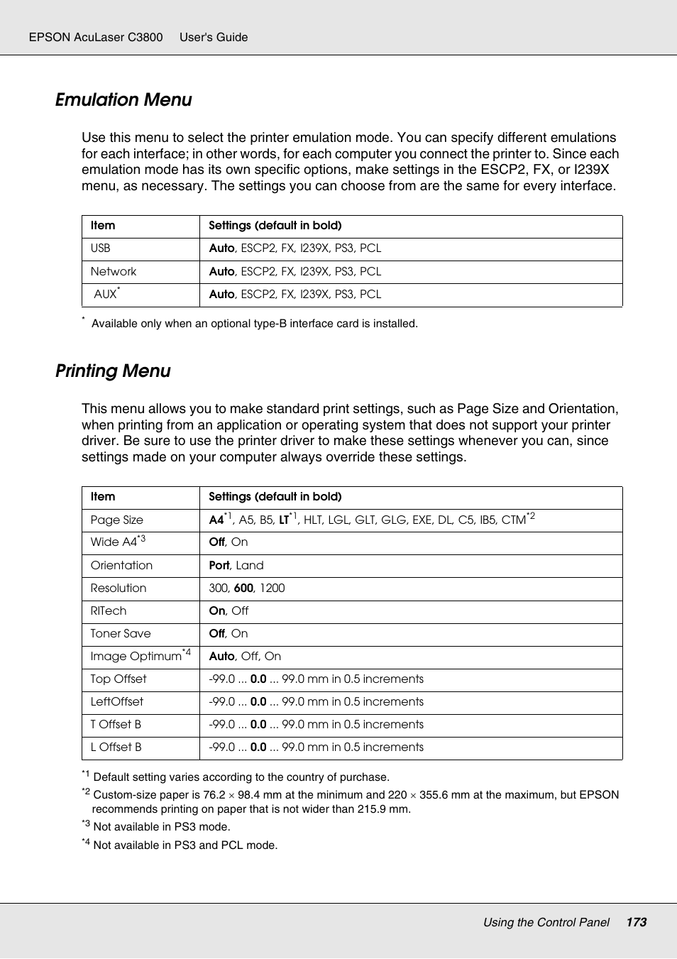 Emulation menu, Printing menu, Emulation menu printing menu | Epson ACULASER C3800 User Manual | Page 173 / 302