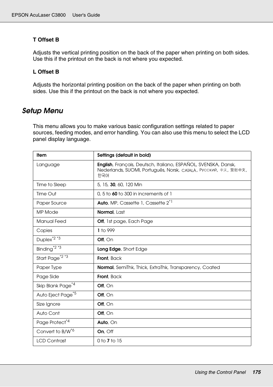 Setup menu | Epson ACULASER C3800 User Manual | Page 175 / 302