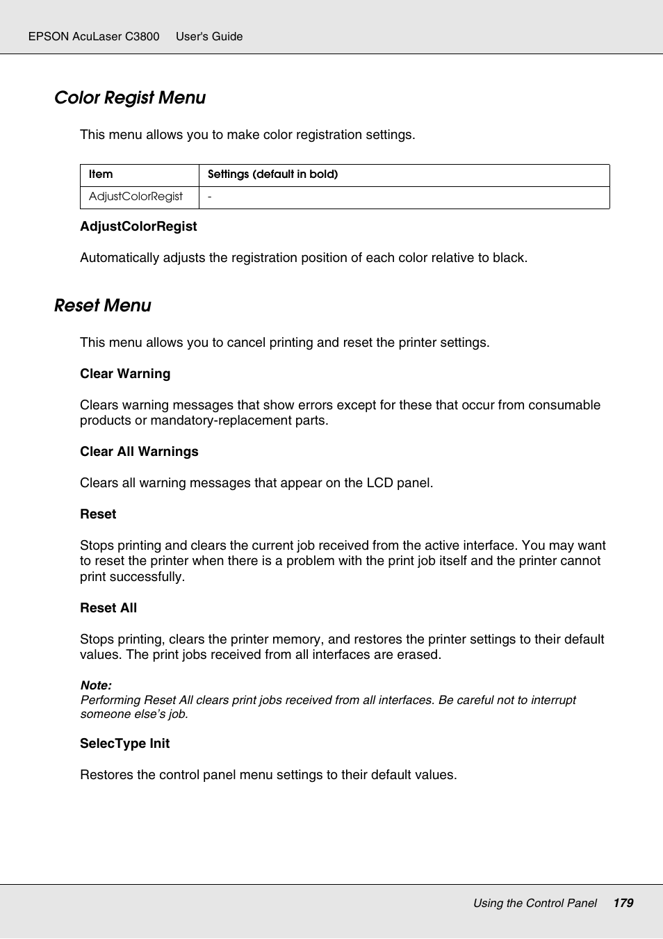 Color regist menu, Reset menu, Color regist menu reset menu | Epson ACULASER C3800 User Manual | Page 179 / 302