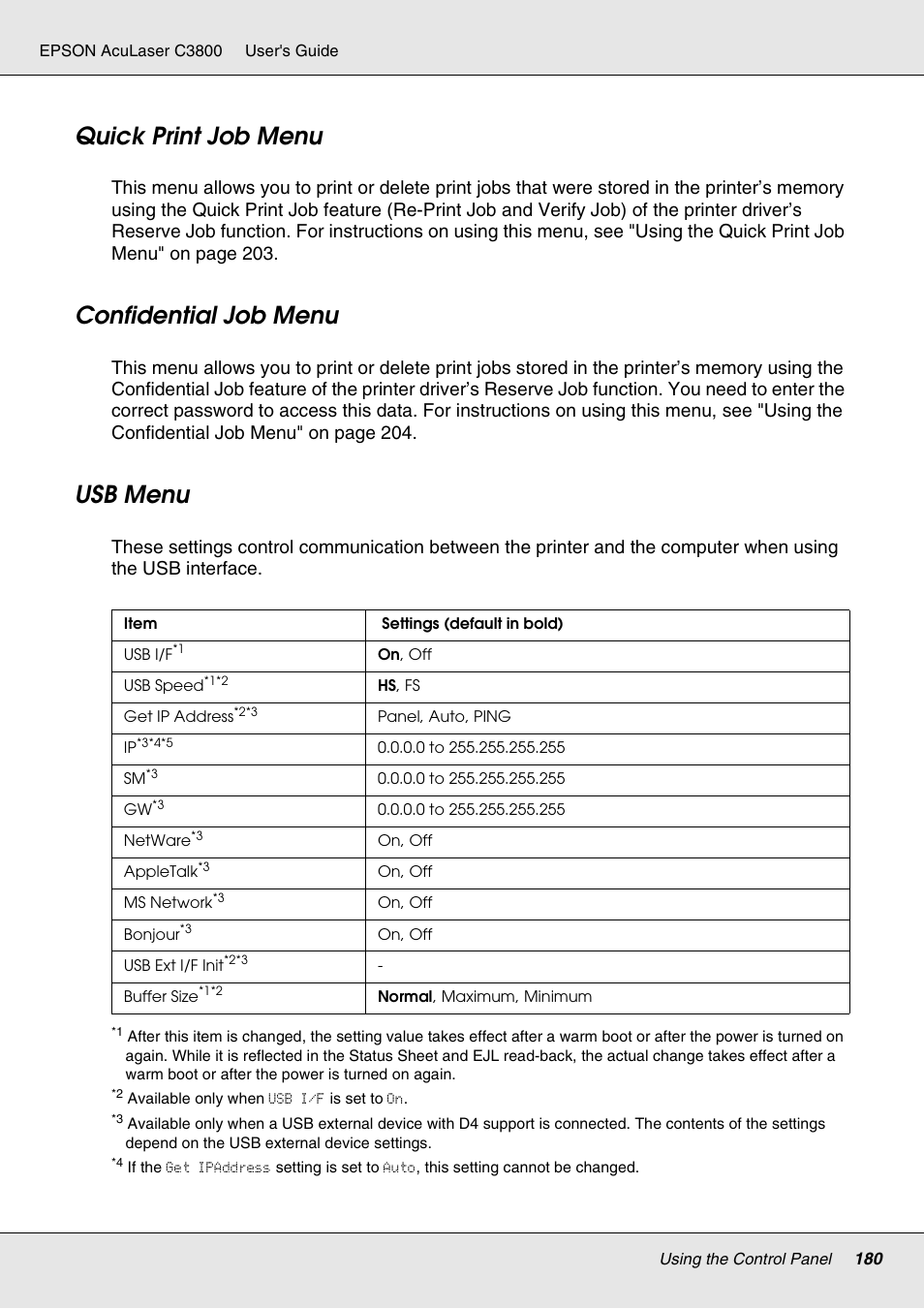 Quick print job menu, Confidential job menu, Usb menu | Epson ACULASER C3800 User Manual | Page 180 / 302