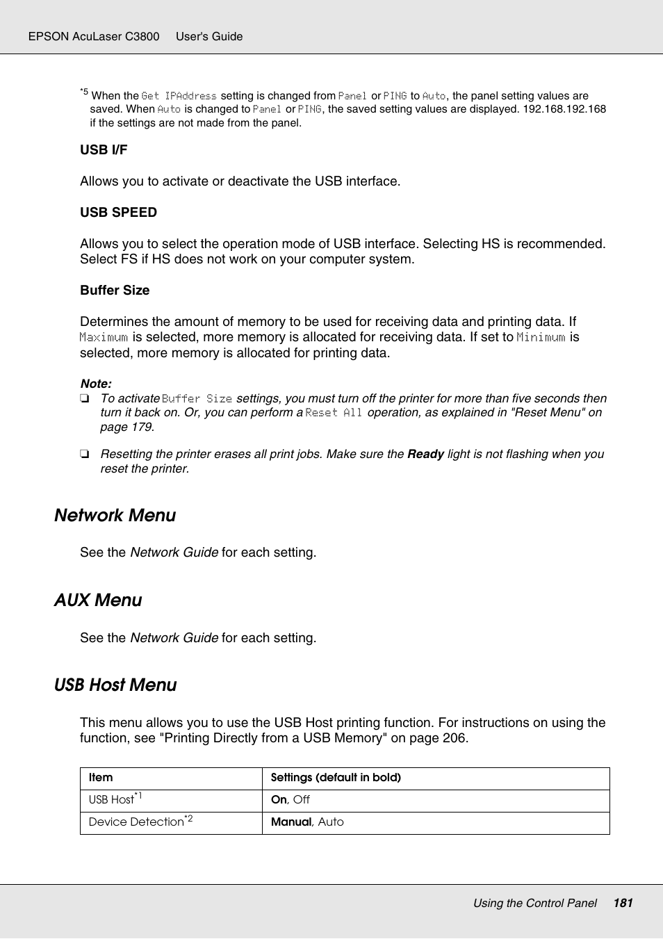 Network menu, Aux menu, Usb host menu | Network menu aux menu usb host menu | Epson ACULASER C3800 User Manual | Page 181 / 302