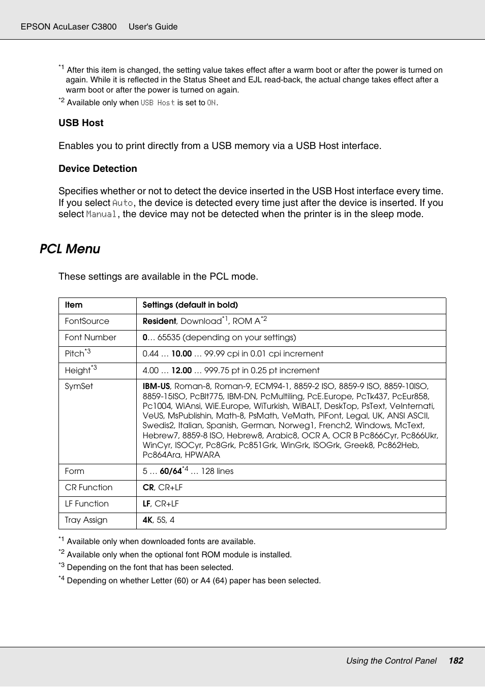 Pcl menu, These settings are available in the pcl mode | Epson ACULASER C3800 User Manual | Page 182 / 302