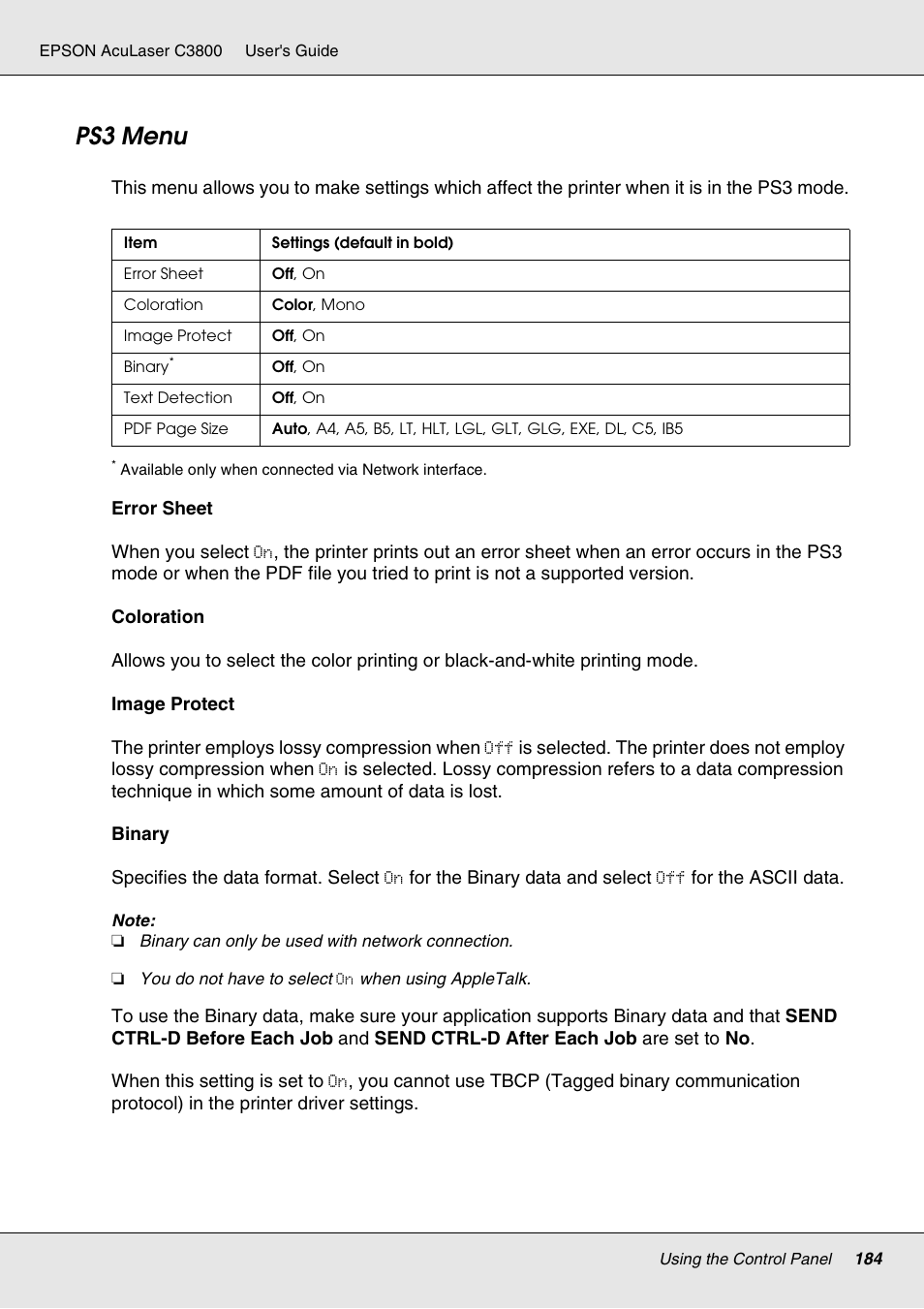 Ps3 menu | Epson ACULASER C3800 User Manual | Page 184 / 302