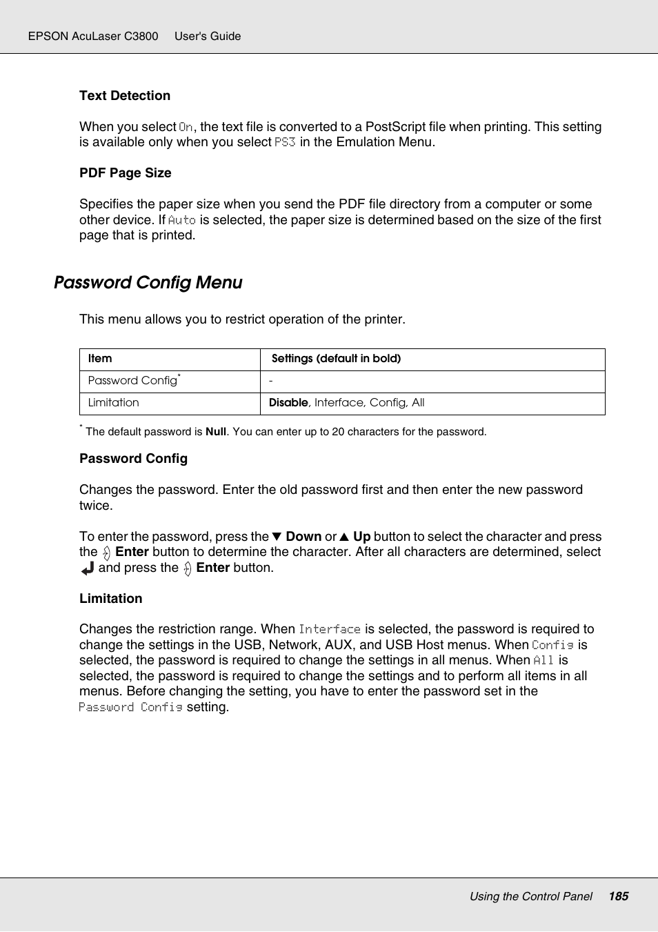 Password config menu | Epson ACULASER C3800 User Manual | Page 185 / 302