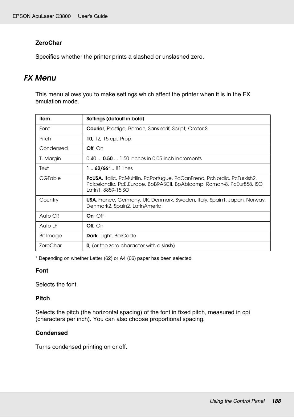 Fx menu | Epson ACULASER C3800 User Manual | Page 188 / 302