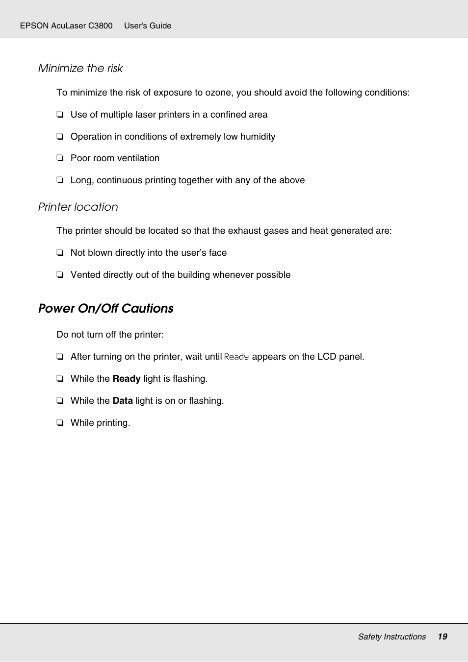 Power on/off cautions | Epson ACULASER C3800 User Manual | Page 19 / 302