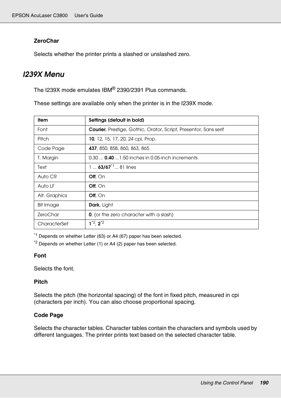I239x menu | Epson ACULASER C3800 User Manual | Page 190 / 302