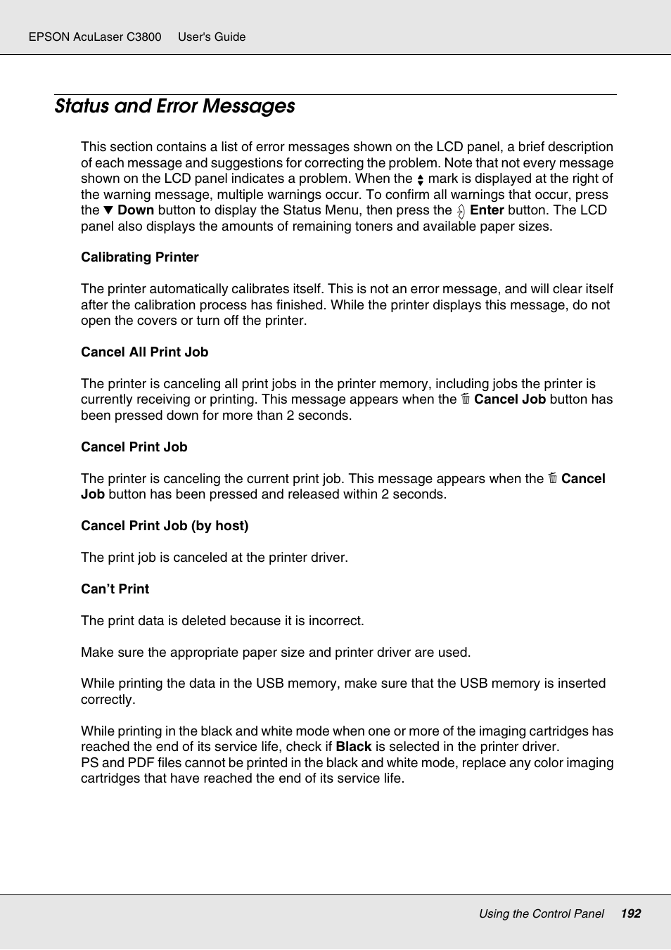 Status and error messages | Epson ACULASER C3800 User Manual | Page 192 / 302