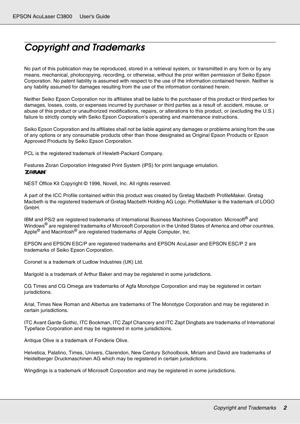 Copyright and trademarks | Epson ACULASER C3800 User Manual | Page 2 / 302