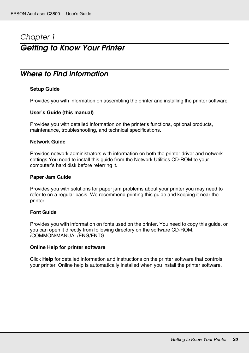 Getting to know your printer, Where to find information, Chapter 1 | Epson ACULASER C3800 User Manual | Page 20 / 302