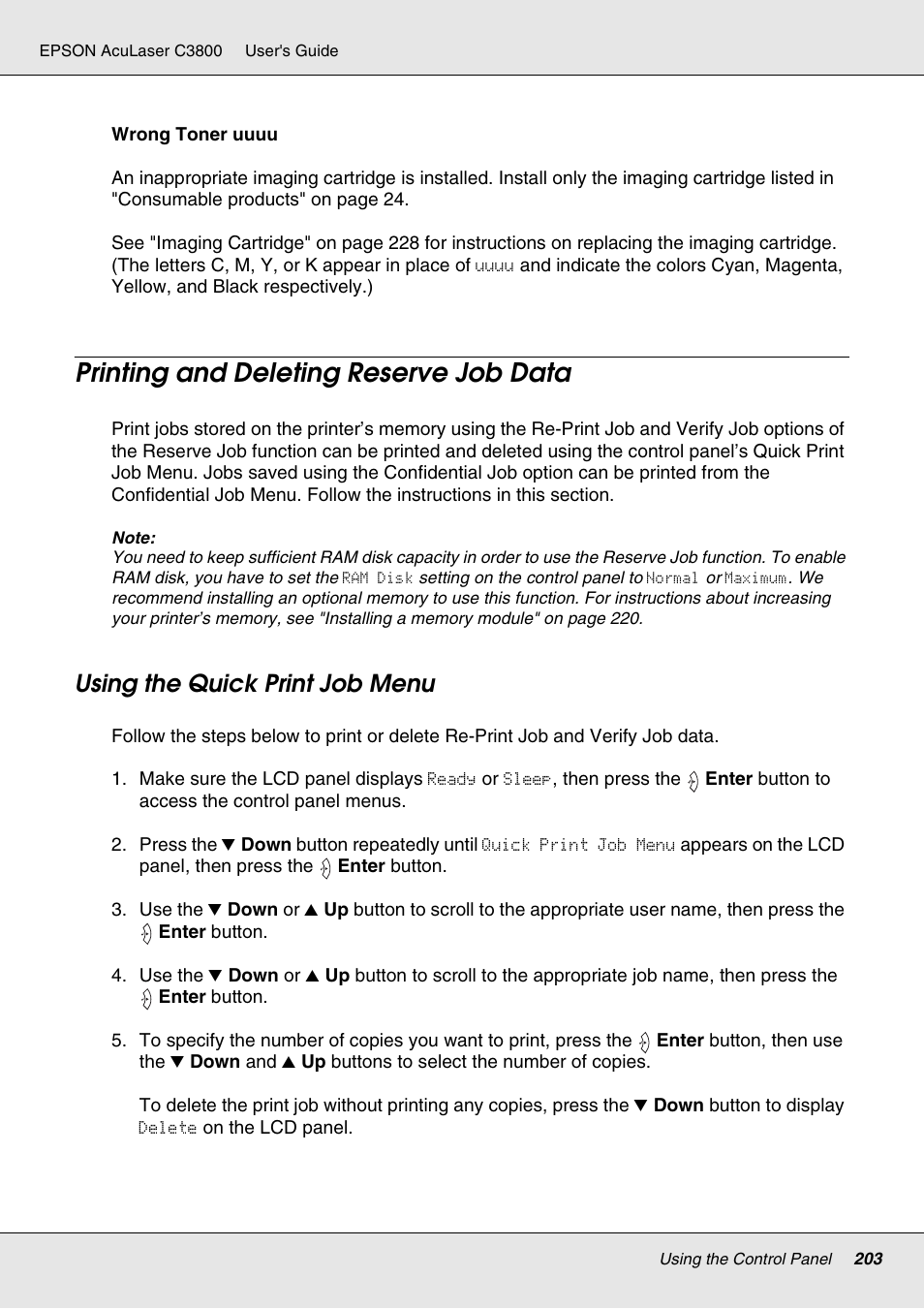 Printing and deleting reserve job data, Using the quick print job menu | Epson ACULASER C3800 User Manual | Page 203 / 302
