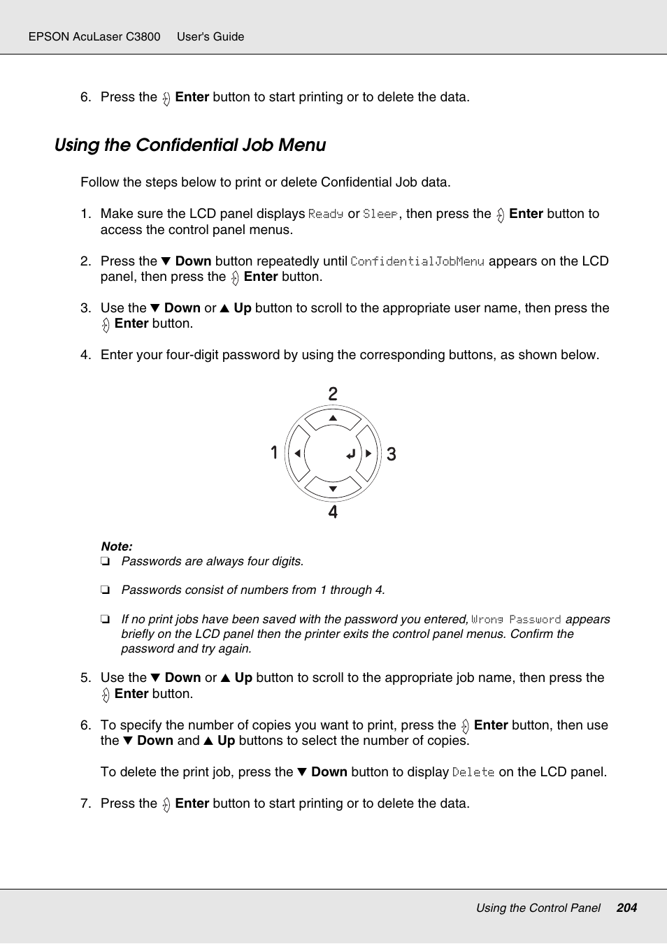 Using the confidential job menu | Epson ACULASER C3800 User Manual | Page 204 / 302