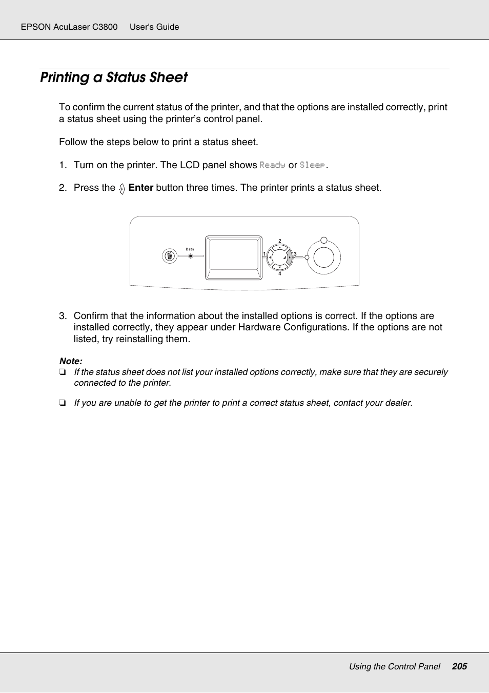 Printing a status sheet | Epson ACULASER C3800 User Manual | Page 205 / 302