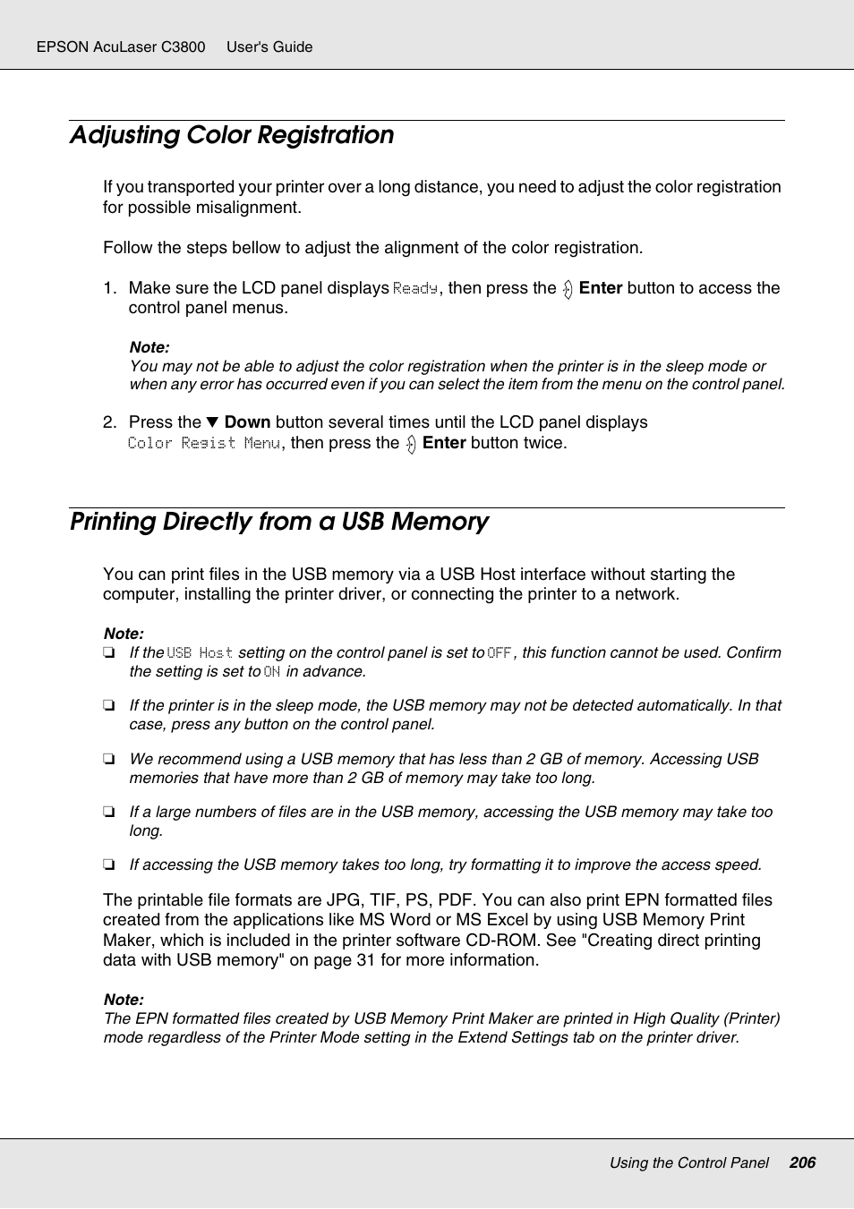 Adjusting color registration, Printing directly from a usb memory | Epson ACULASER C3800 User Manual | Page 206 / 302