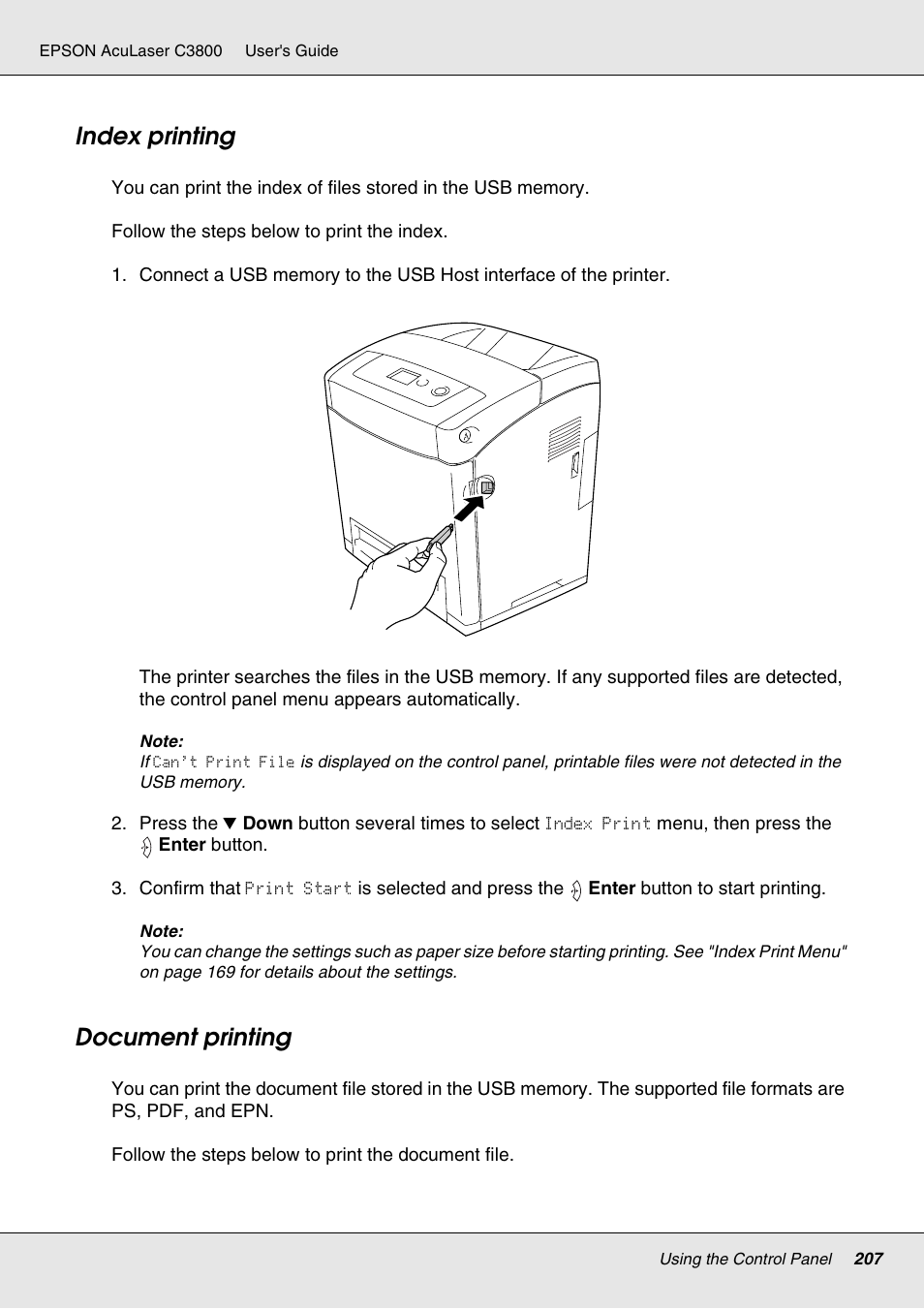 Index printing, Document printing, Index printing document printing | Epson ACULASER C3800 User Manual | Page 207 / 302